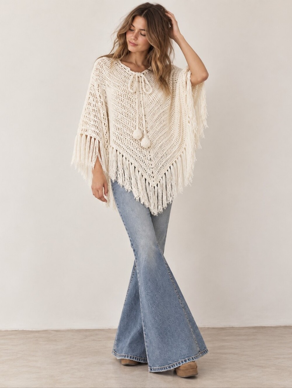 Cream Crochet Fringe Poncho Boho Open Knit Tassel Cape One Size